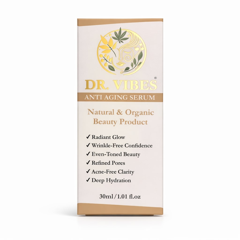DrVibes Anti-Aging Serum bottle front label showing product benefits