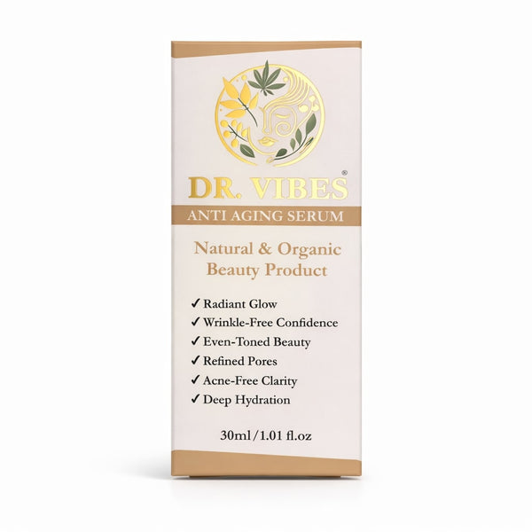 DrVibes Anti-Aging Serum bottle front label showing product benefits