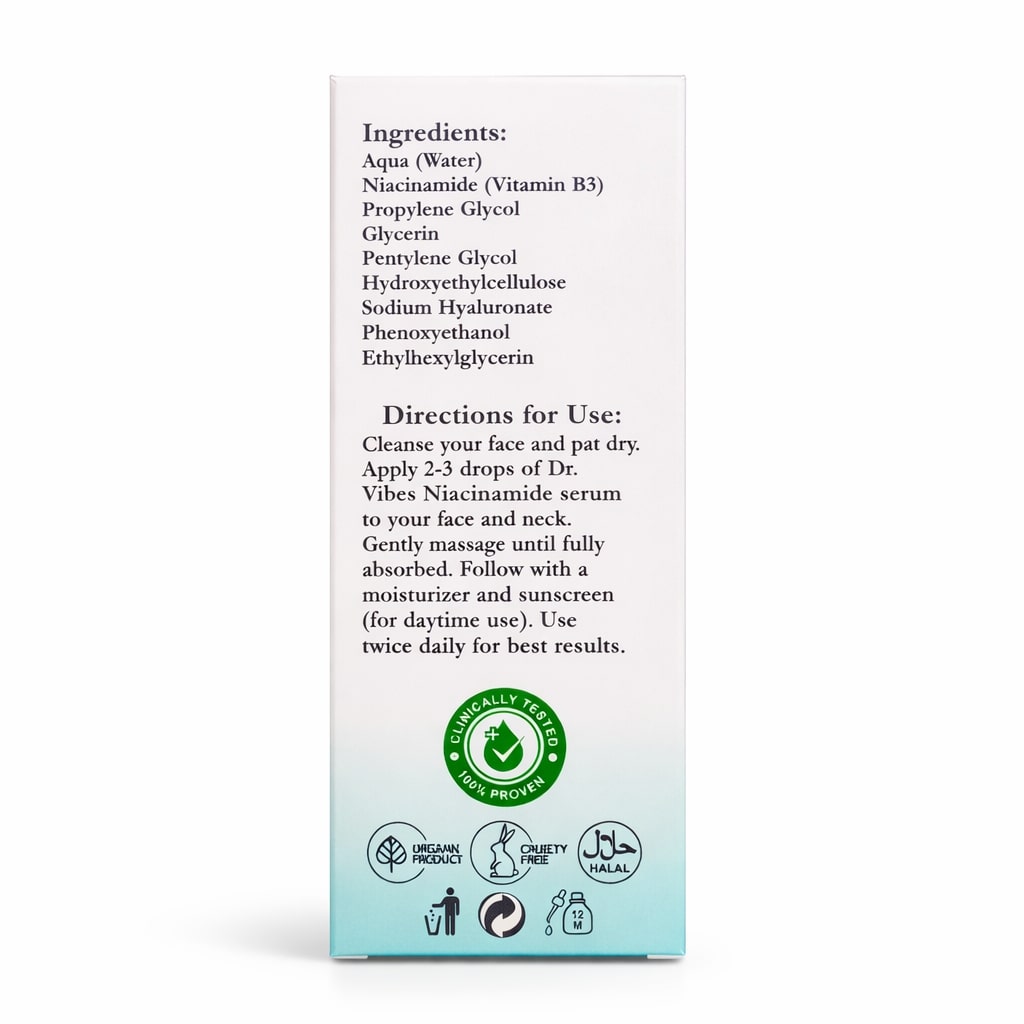 DrVibes Niacinamide Serum bottle back label showing ingredients and directions