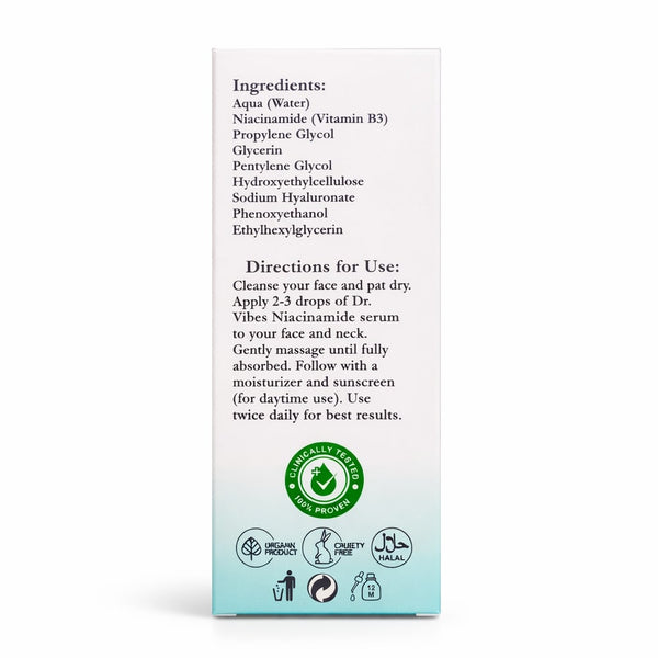 DrVibes Niacinamide Serum bottle back label showing ingredients and directions