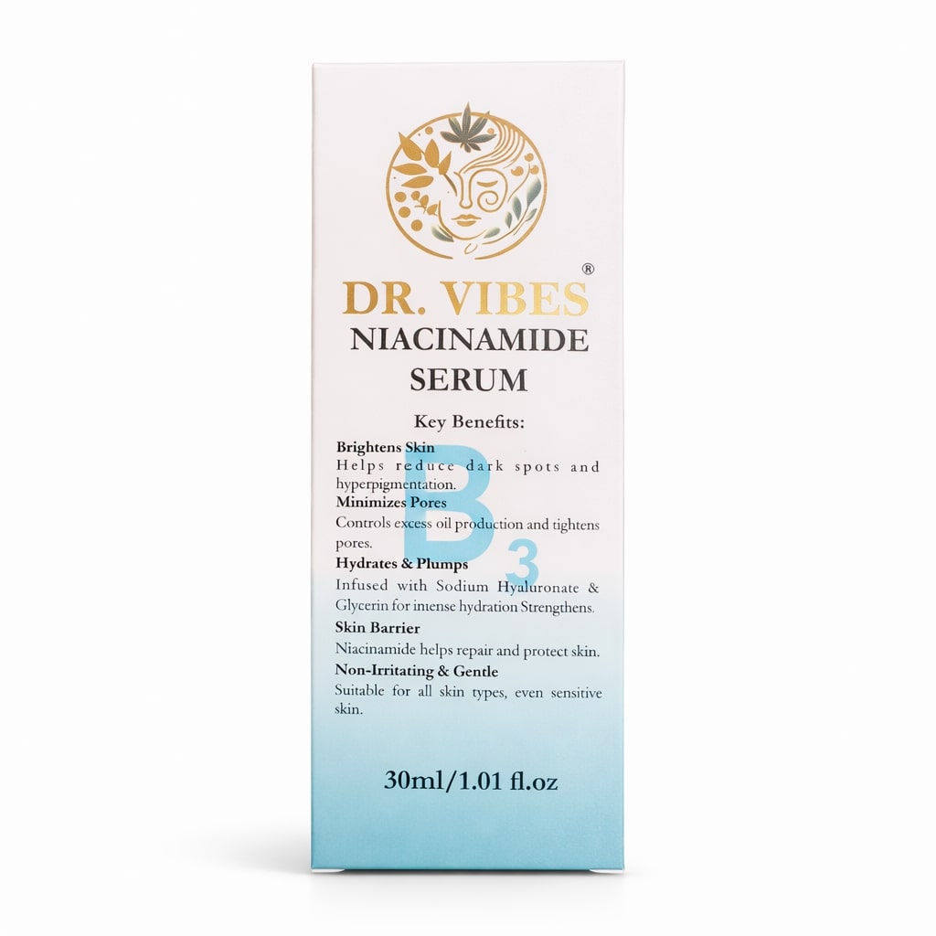 DrVibes Niacinamide Serum packaging label with key benefits