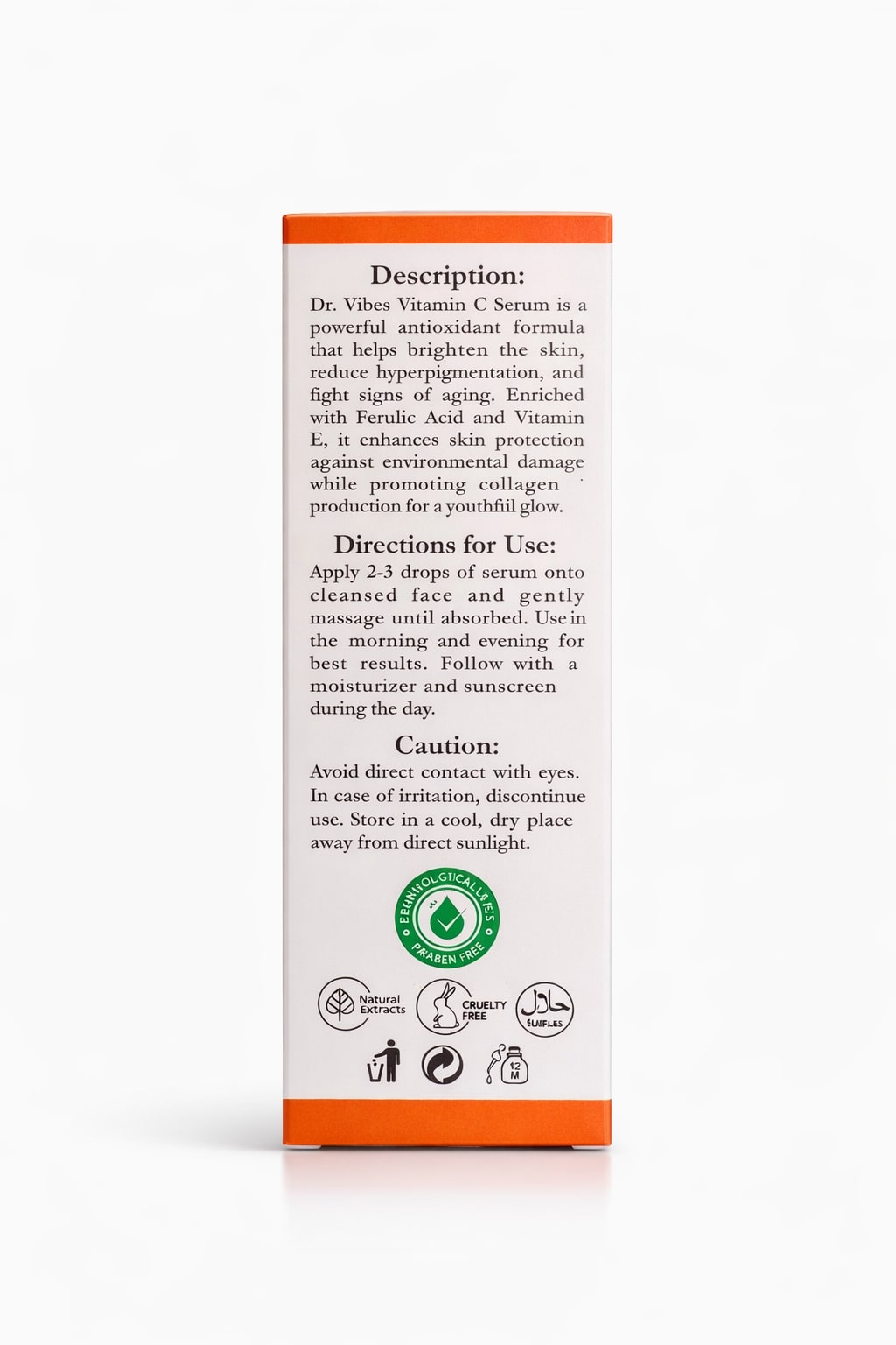 DrVibes Vitamin C Serum bottle back label with description and usage directions